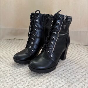 Guess Black Lace-Up High Heel Ankle Boots with Side Zipper